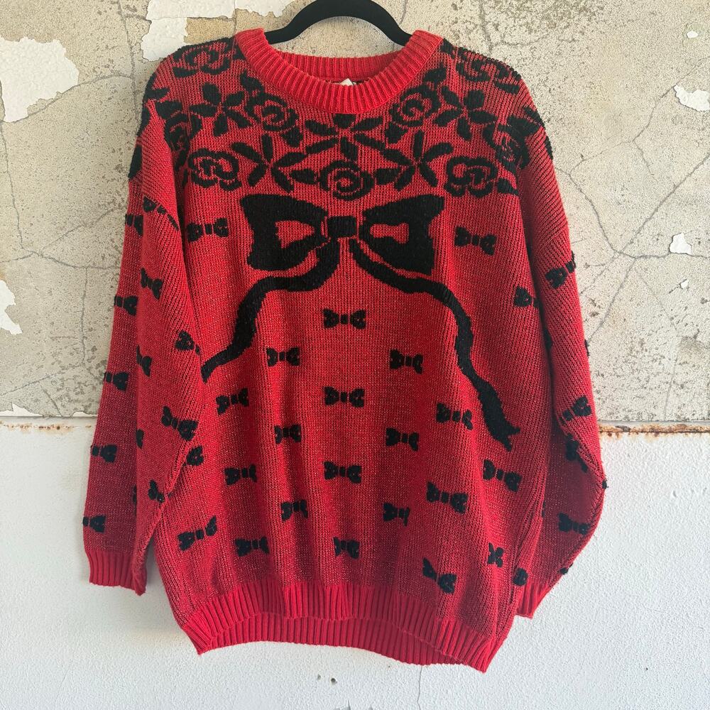 Vtg 80s Holiday Sweater Red Bow Metallic Knit USA Made Womens L Retro Coquette